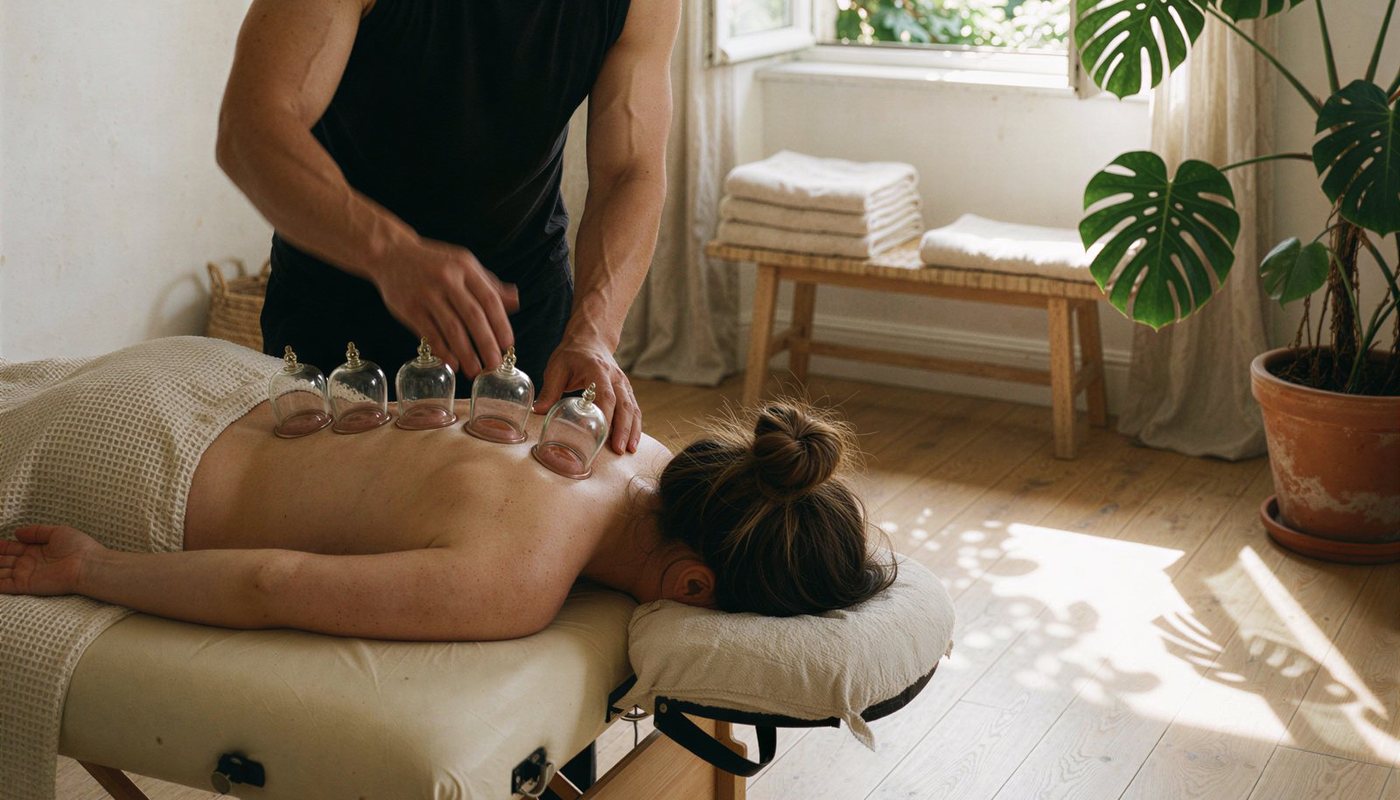 Séance de ventouses dans une pièce claire, fenêtre ouverte